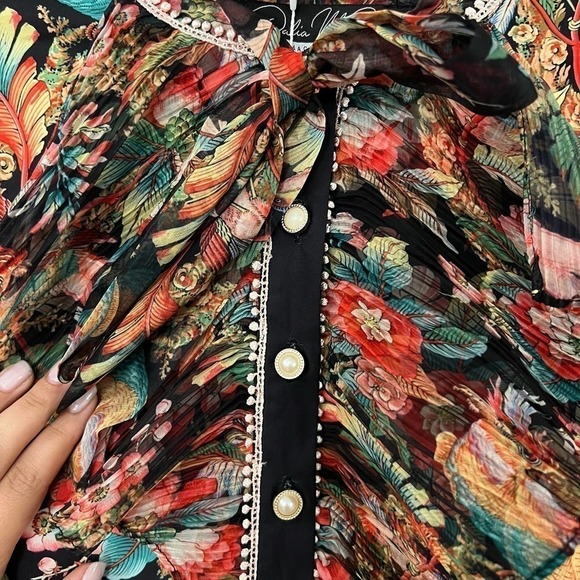 Dalia MacPhee Short Sleeve Tie Neck Floral Mini Dress With Lace Trim Medium NWT - Picture 4 of 7